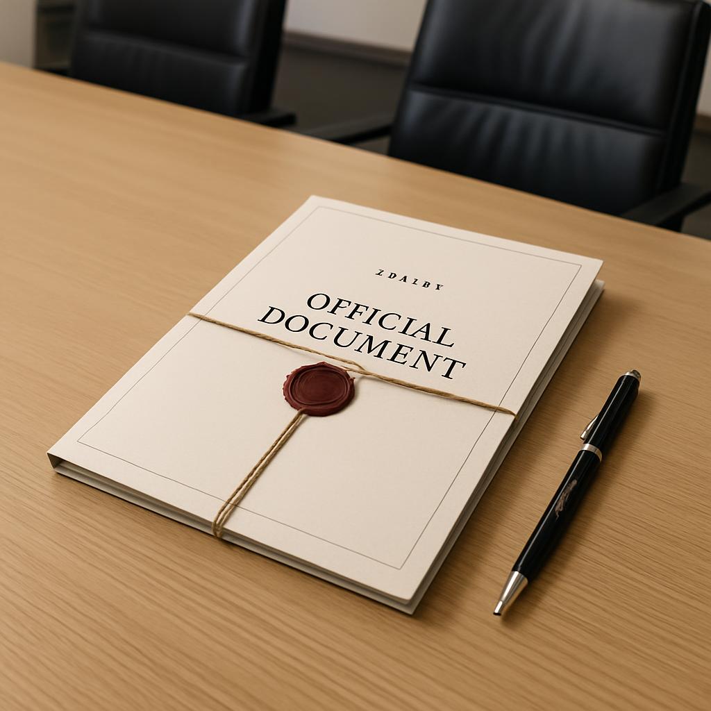 A stack of official documents with a wax seal and a pen on a table.