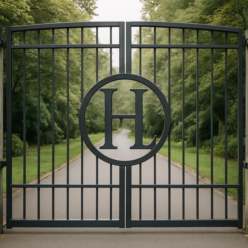 A driveway or road through an entrance gate, surrounded by manicured greenery and tall trees, viewed from behind the gate ...