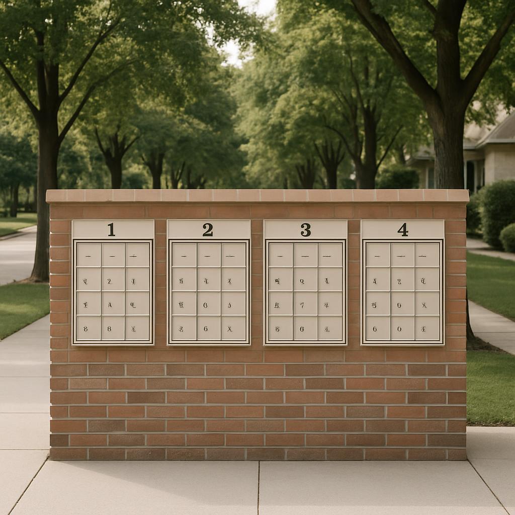 A brick wall with four mailboxes set against a leafy downtown backdrop, each mailbox featuring a small slot with a number.