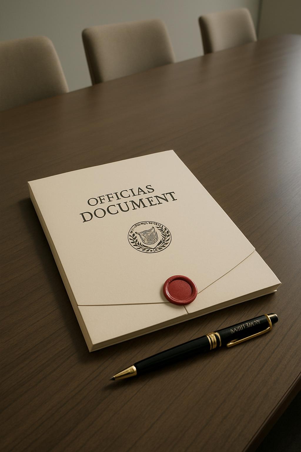The alt text for the image is: A brown wooden table with a beige folder labeled 'Officia's Document' in black font, adorne...